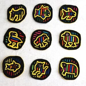 Set of 9 Vintage Kuna Mola Patches Hand Stitched 3.5" Round